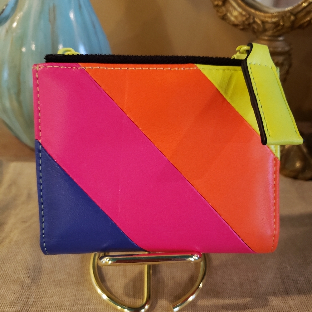 Kurt Geiger Striped Multicolor Colorblock Leather Wallet w/ Zip Compartments - Picture 3 of 9
